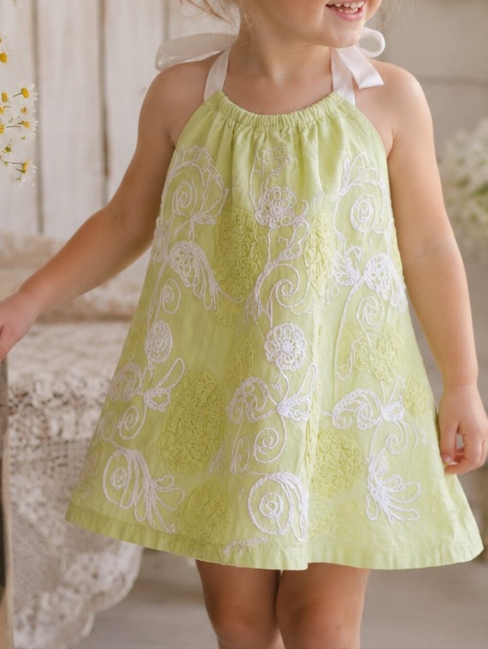 Haute Baby Embroidered Halter Dress 2T Lime Green Cottagecore Floral Easter